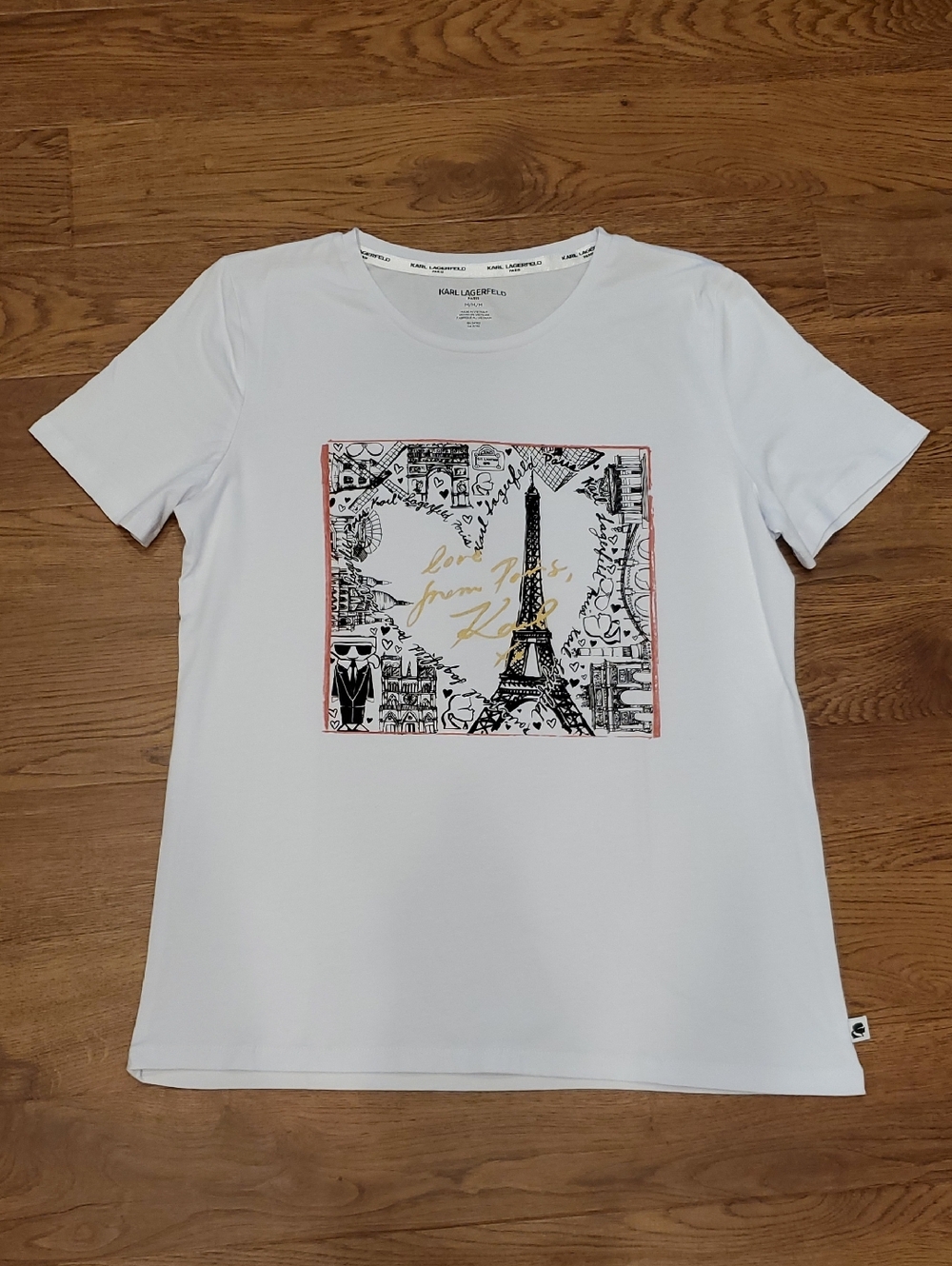 Karl Lagerfeld White Eiffel Tower Graphic Tee with Gold & Pink Accents Womens M